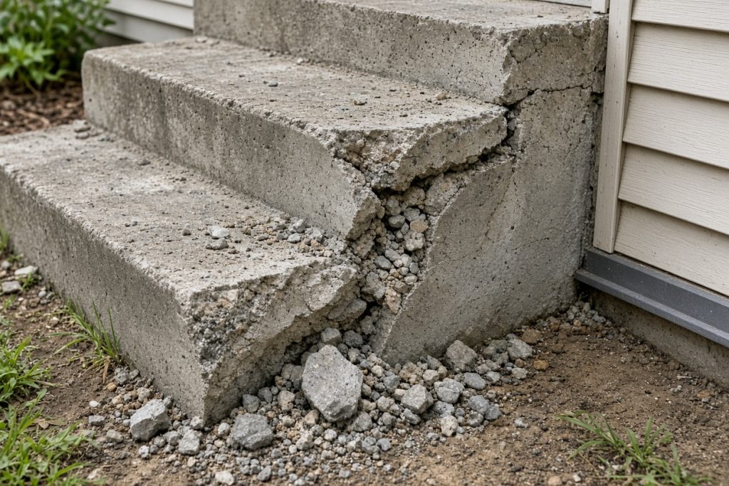 Broken stoop corner with loose aggregate on the tread — Residential Concrete in Kouts