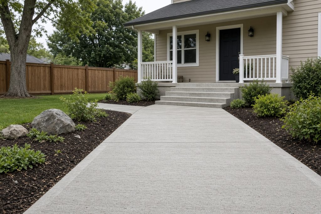 Fresh broom-finished walk leading to a house stoop — Residential Concrete in Kouts