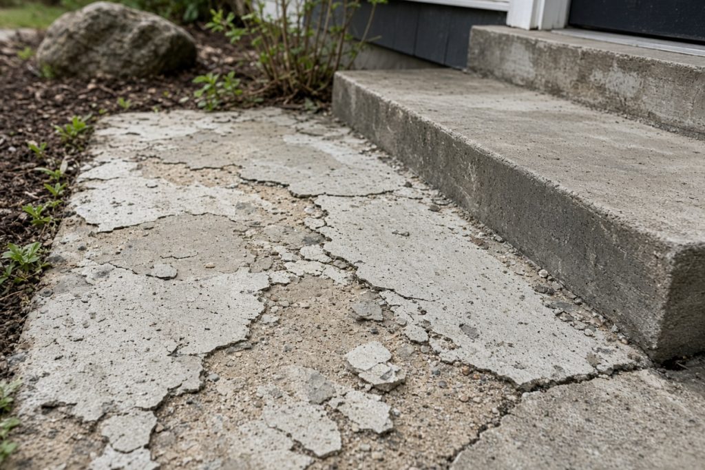 Flaking concrete walk surface beside a front stoop — Residential Concrete in Kouts