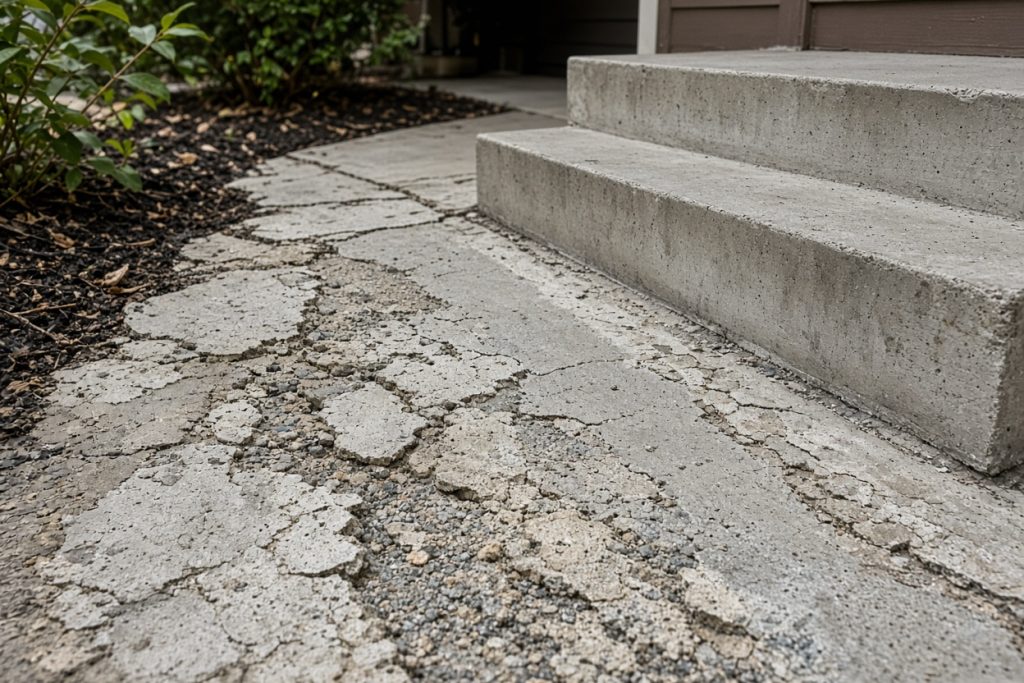Flaking concrete walk surface beside a front stoop — Residential Concrete in Kouts
