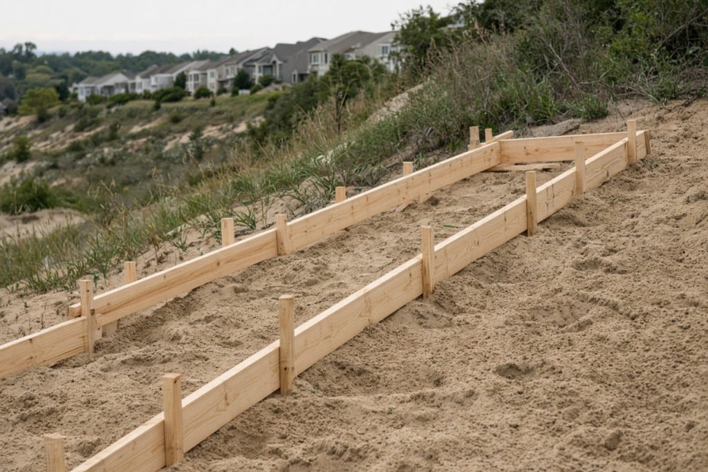 Wooden forms staked on a sandy hillside before a pour — Residential Concrete in Ogden Dunes