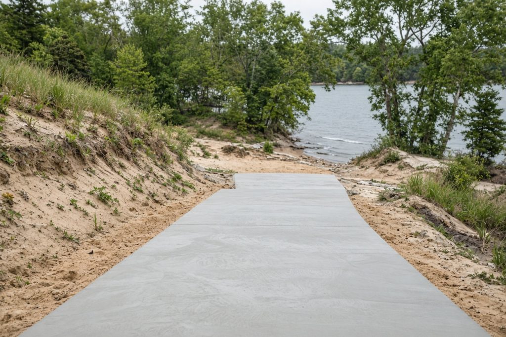 Driveway slab on a sloped sandy lot near the lake — Residential Concrete in Ogden Dunes