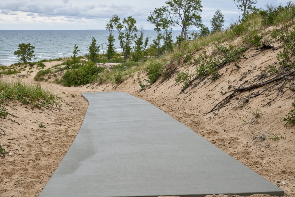 Driveway slab on a sloped sandy lot near the lake — Residential Concrete in Ogden Dunes