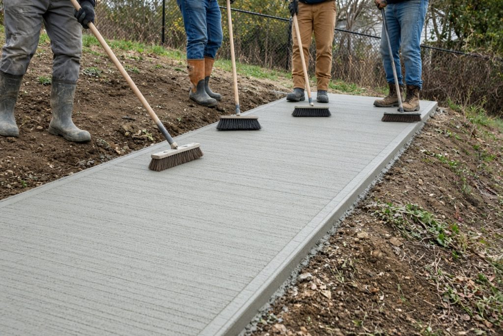 Crew broom-finishing a walk on a sloped lot — Residential Concrete in Ogden Dunes