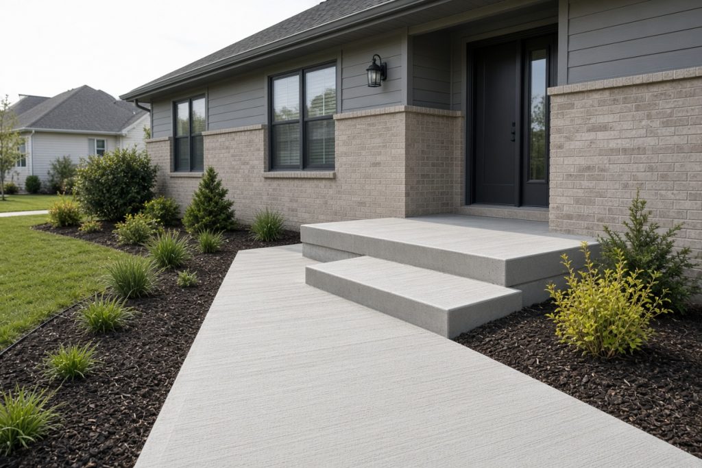New broom-finished walk and stoop at a ranch house — Residential Concrete in Portage