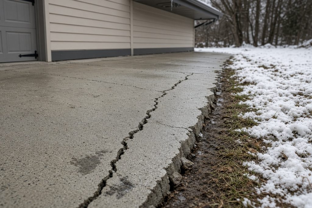 Wet snow along a cracked driveway edge near a garage — Residential Concrete in South Haven