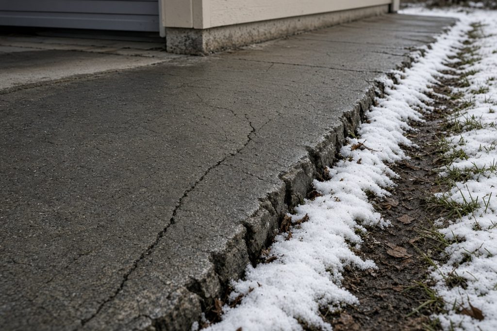 Wet snow along a cracked driveway edge near a garage — Residential Concrete in South Haven