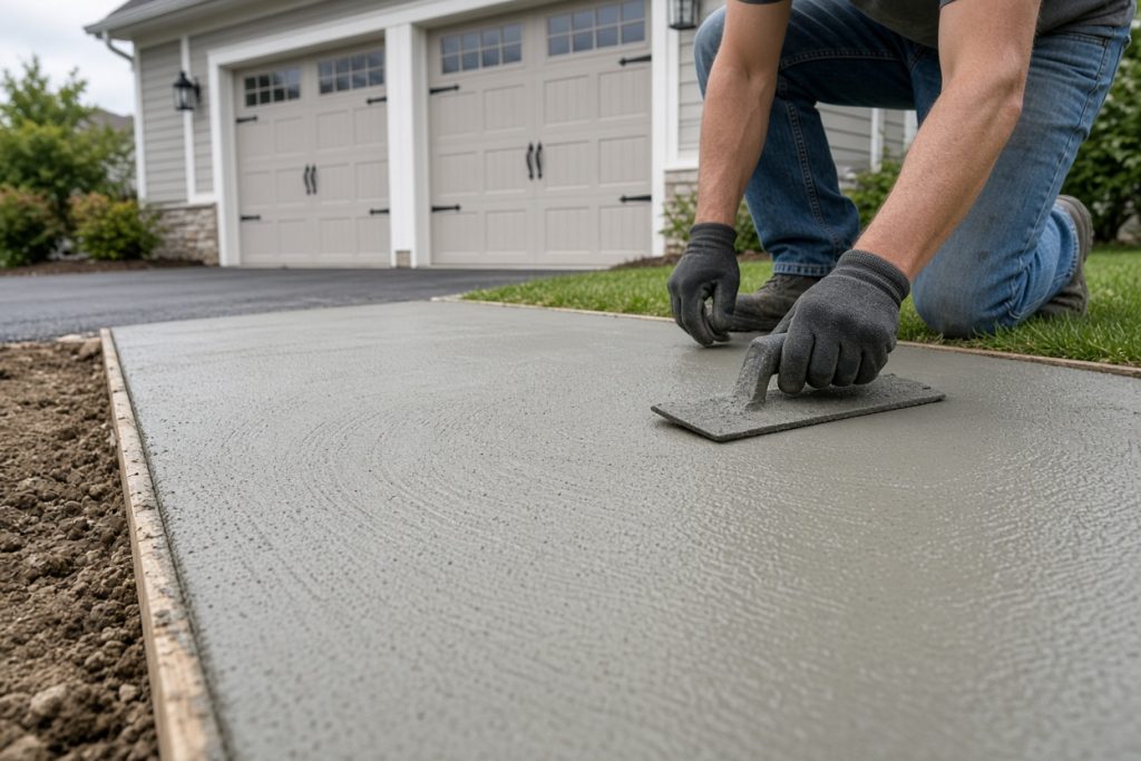 Finishing a new garage apron with a hand float — Residential Concrete in South Haven