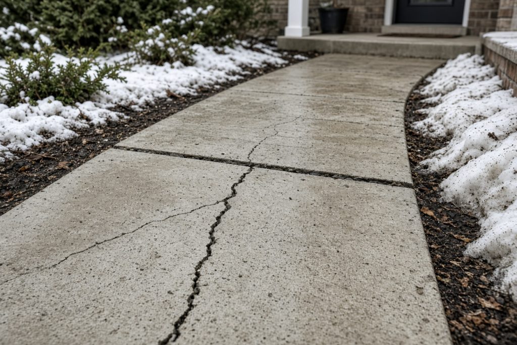 Cracked sidewalk slab at a front walk after snowmelt — Residential Concrete in Wheeler