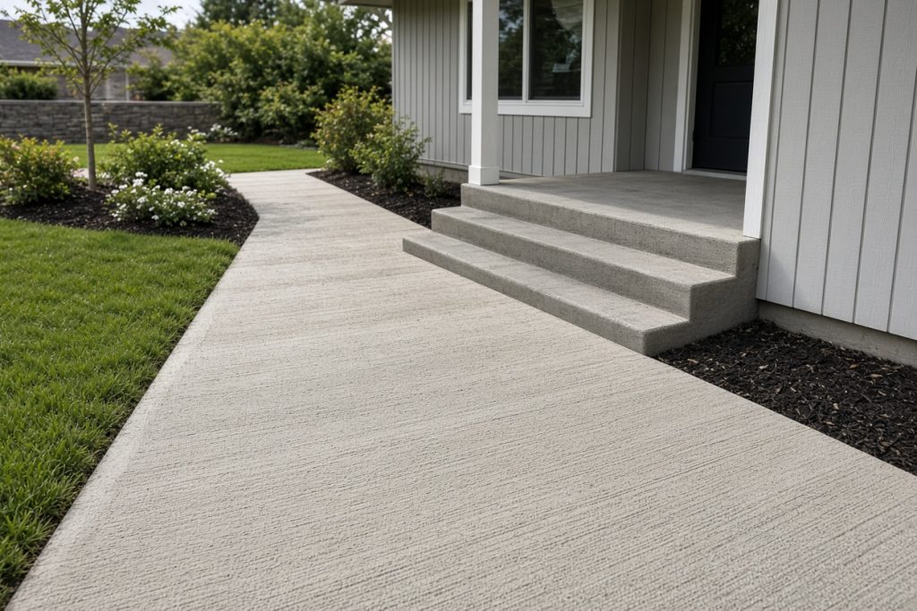Finished broom-finished concrete walk and steps at a house — Residential Concrete in Wheeler