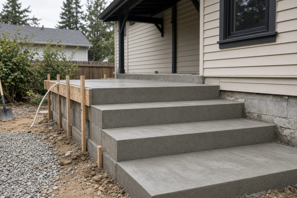 Crew forming a new front stoop beside an existing house — Residential Concrete in Wheeler