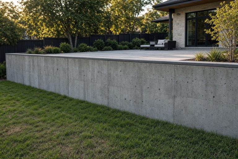 Finished poured concrete retaining wall holding a level patio above a grassy slope — Retaining Walls in Crown Point