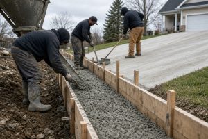 Workers pouring concrete into forms for a retaining wall beside a sloped driveway — Retaining Walls in Crown Point