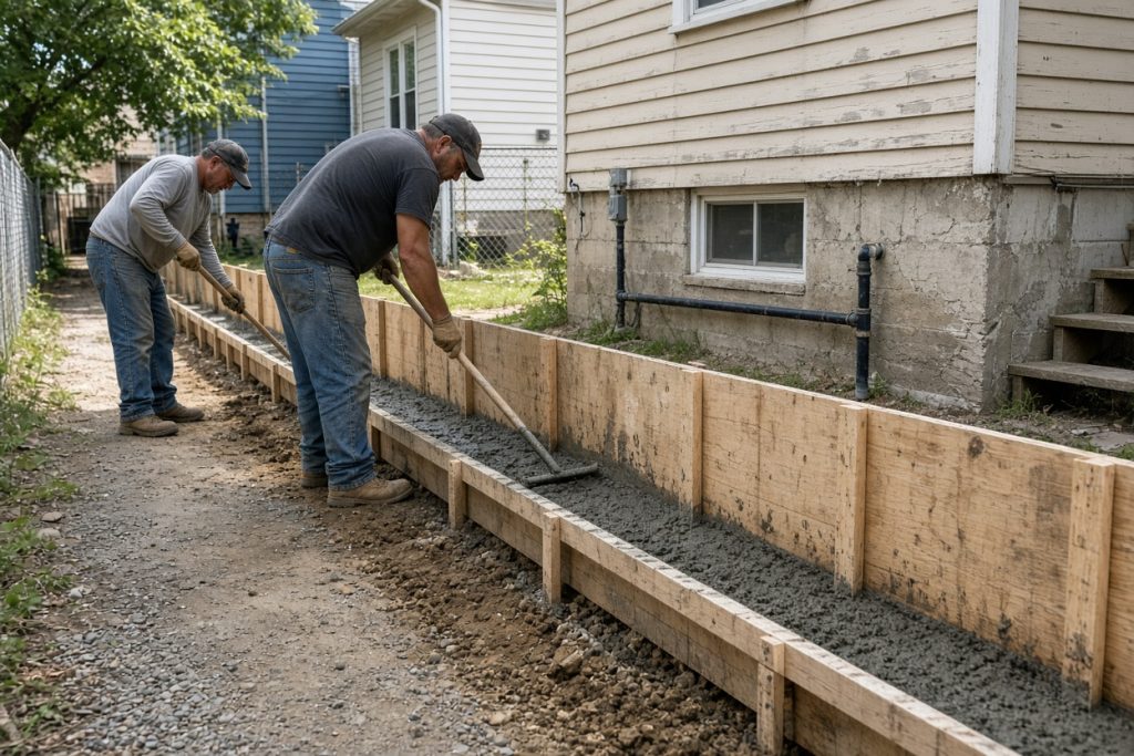 Crew pouring concrete into forms for a short wall by an alley - Retaining Walls in East Chicago