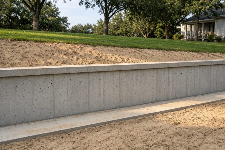 Finished low concrete wall holding a sandy lawn above a walk — Retaining Walls in Gary