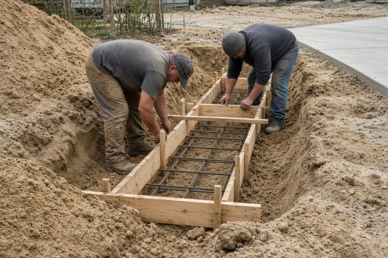 Crew setting wood forms in a sandy wall trench — Retaining Walls in Gary