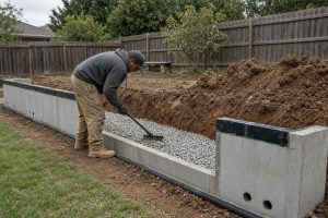 Crew setting gravel behind a new garden wall — Retaining Walls in Griffith