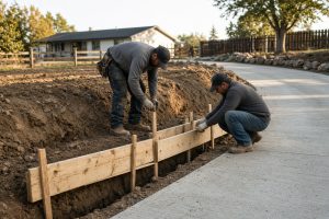 Crew setting forms for a low wall along a driveway — Retaining Walls in Highland