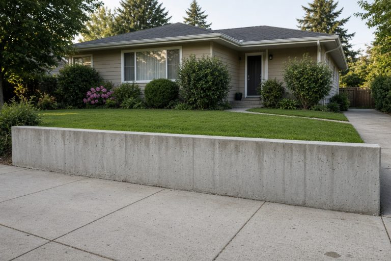Finished low concrete wall holding a lawn above a walk — Retaining Walls in Highland