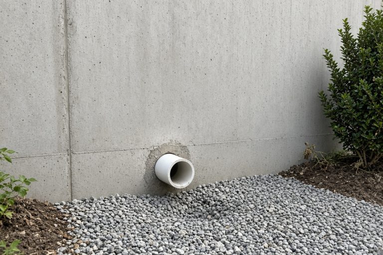 Drain outlet and gravel at the base of a finished concrete wall — Retaining Walls in Hobart