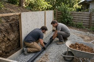Workers setting drain pipe and gravel behind a new wall form — Retaining Walls in Hobart