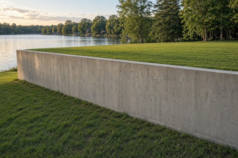 Finished concrete retaining wall with a level lawn above a calm lake — Retaining Walls in La Porte