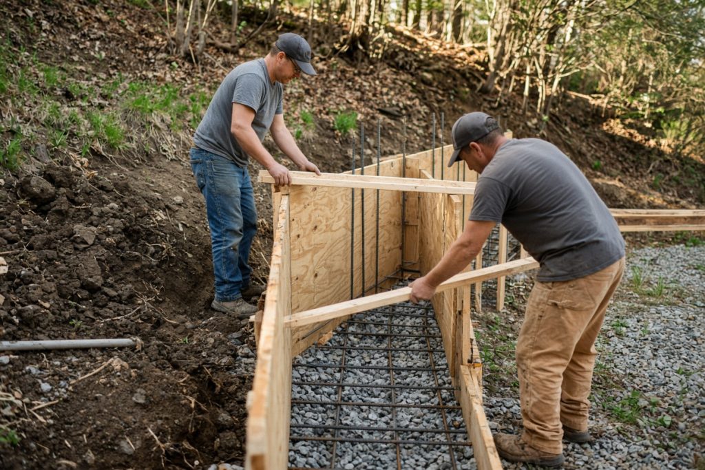 Crew setting forms for a new concrete wall on a sloped shore yard — Retaining Walls in La Porte