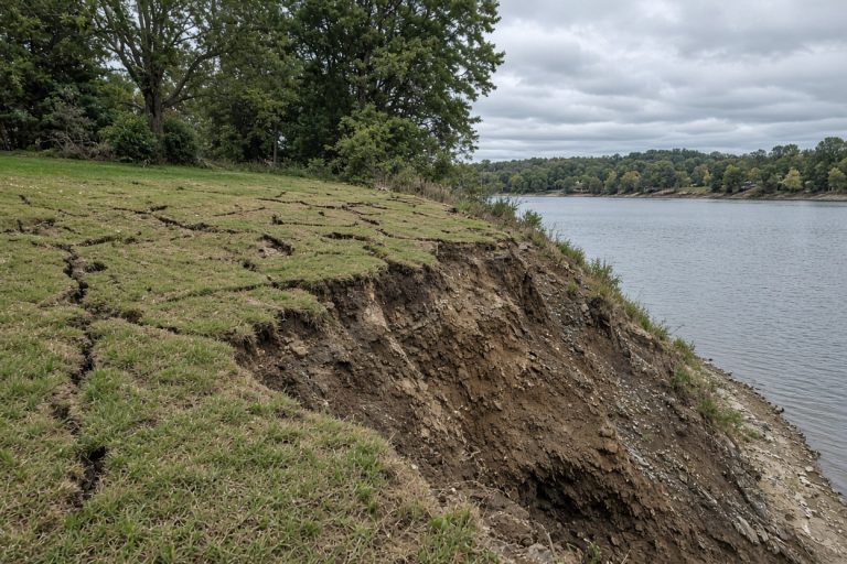 Slumped lawn and bare eroded bank dropping toward a small lake — Retaining Walls in La Porte