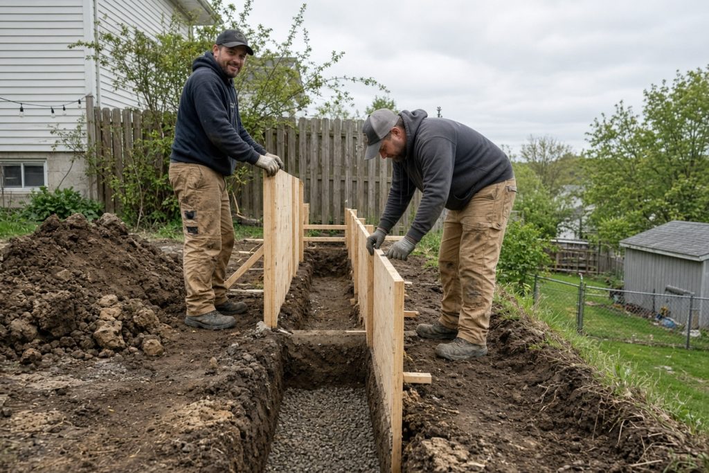 Crew setting forms for a short wall along a yard line — Retaining Walls in Lowell