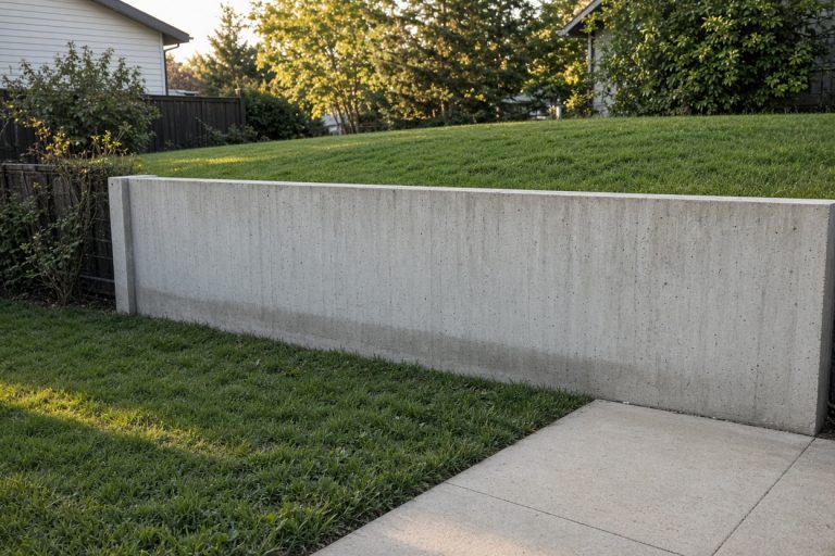 Finished short concrete wall between two yards with a clean walk — Retaining Walls in Lowell