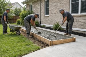 Crew pouring a low concrete wall beside a patio — Retaining Walls in Merrillville