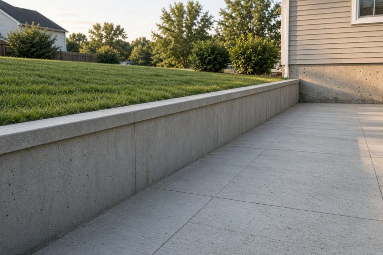 Finished low concrete wall holding a lawn above a dry patio — Retaining Walls in Merrillville