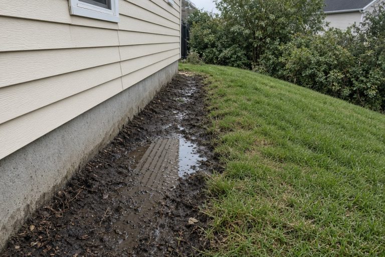 Wet soil and standing water along a house foundation — Retaining Walls in Merrillville
