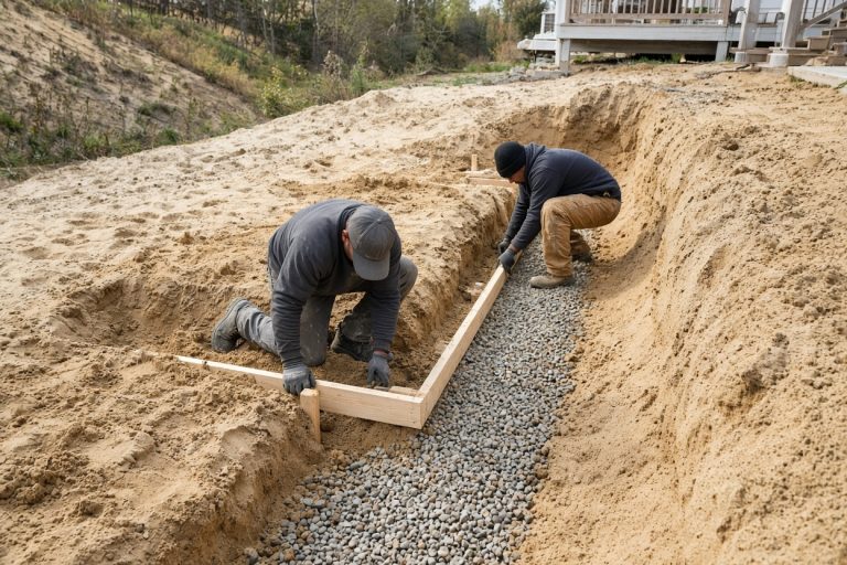 Crew forming a concrete retaining wall footing in loose sand - Retaining Walls in Michigan City