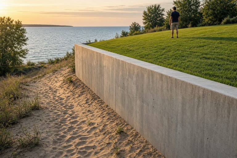 Finished concrete wall holding a level yard above a sandy lake slope - Retaining Walls in Michigan City