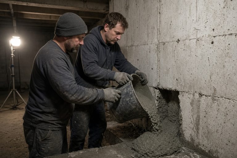 Crew pouring a repair at a basement wall joint - Concrete Basements in South Haven