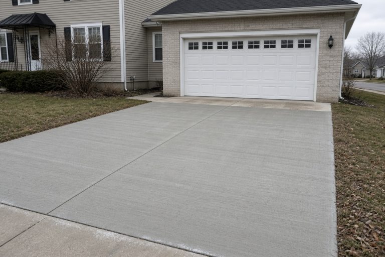 Intact broom-finish driveway beside a garage in flat winter light - Concrete Driveways in South Haven