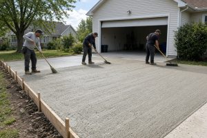 Crew finishing a fresh driveway pour next to an open garage - Concrete Driveways in South Haven