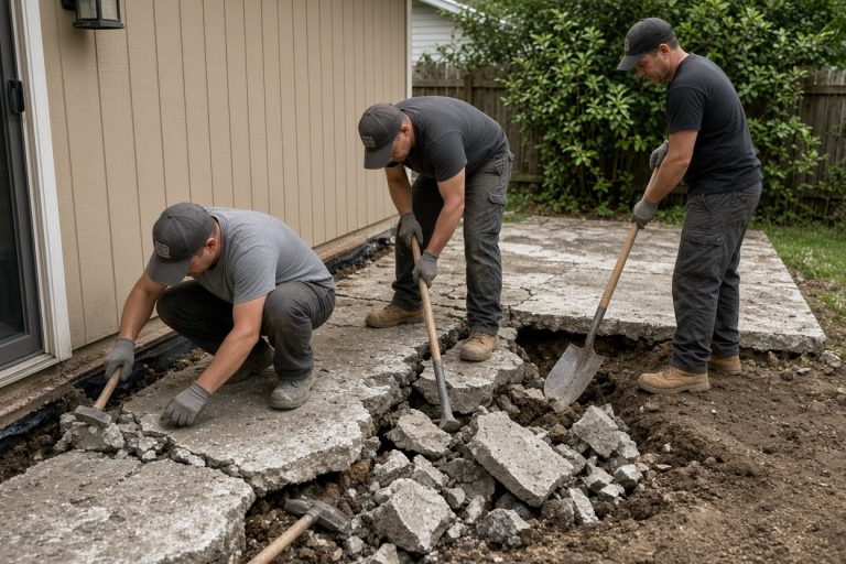 Crew breaking out an old patio slab beside a house — Concrete Patios in South Haven