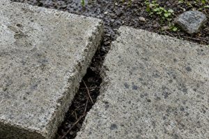 Lifted patio joint with a gap and damp soil under the edge — Concrete Patios in South Haven