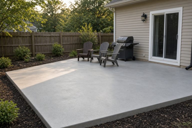 Finished backyard patio with a grill and chairs — Concrete Patios in South Haven