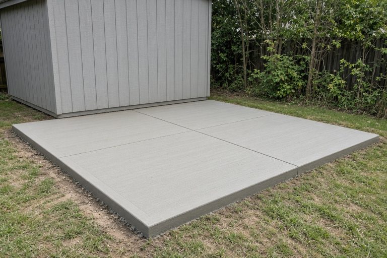 Finished shed pad with even edges in a side yard — Concrete Slabs in South Haven