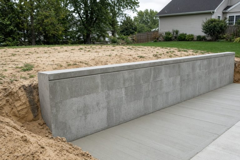 Finished concrete retaining wall holding a sandy yard - Retaining Walls in South Haven