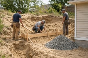 Crew forming a concrete wall on a sandy bank - Retaining Walls in South Haven