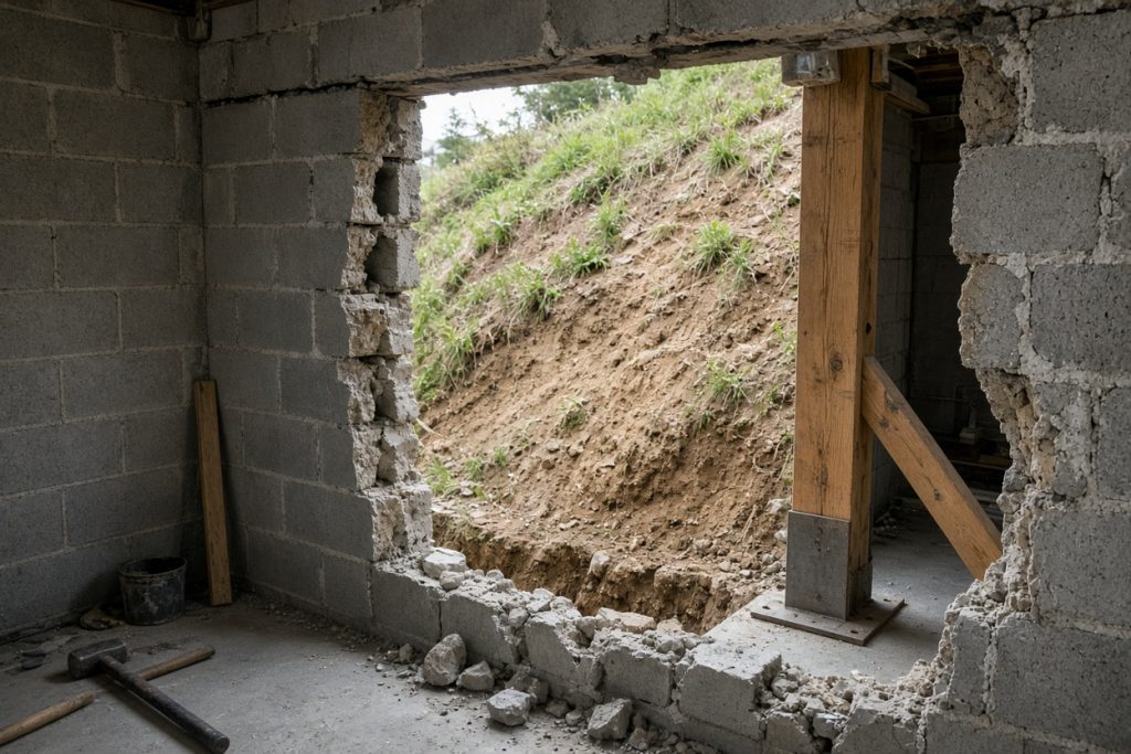 Opened block basement wall during a hillside repair - Concrete Basements in Valparaiso