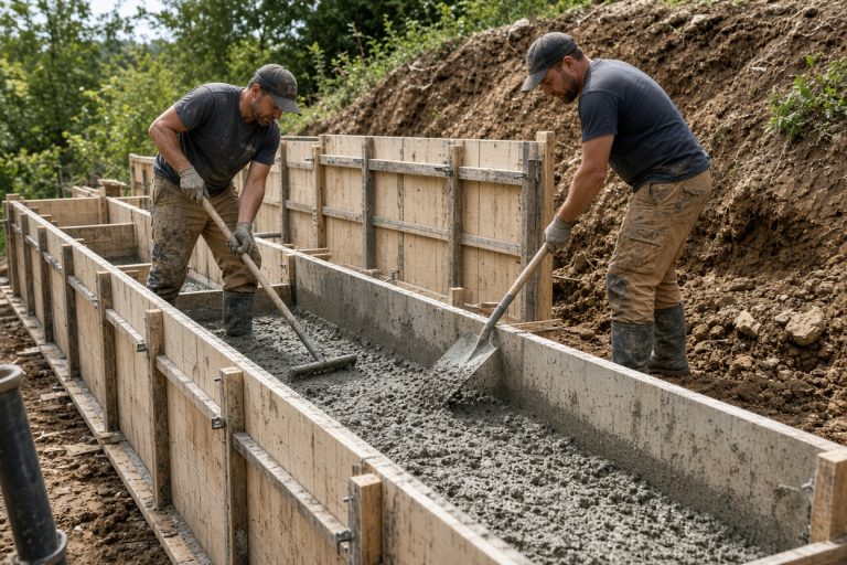 Crew placing concrete in tall basement wall forms - Concrete Basements in Valparaiso