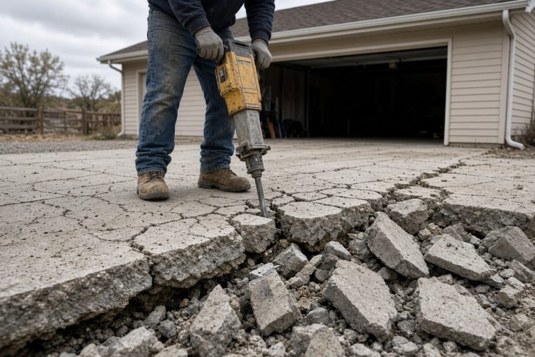 Crew breaking out a cracked ranch driveway — Concrete Replacement Companies in Valparaiso
