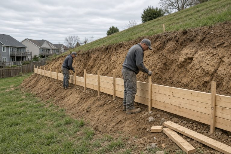 Crew setting forms for a retaining wall on a sloped yard — Retaining Walls in Valparaiso