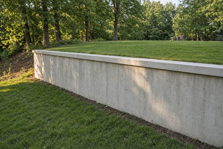 Finished concrete retaining wall and level lawn on a hill lot — Retaining Walls in Valparaiso