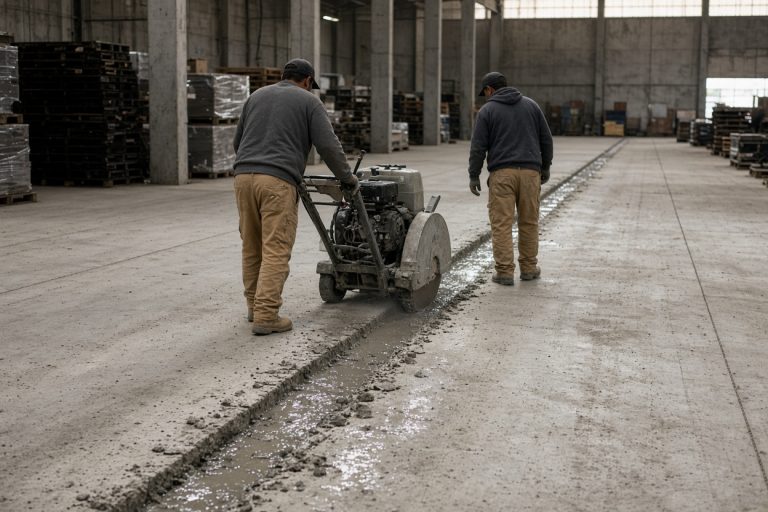 Crew saw-cutting a warehouse floor joint — Warehouse Concrete Floors in Calumet City